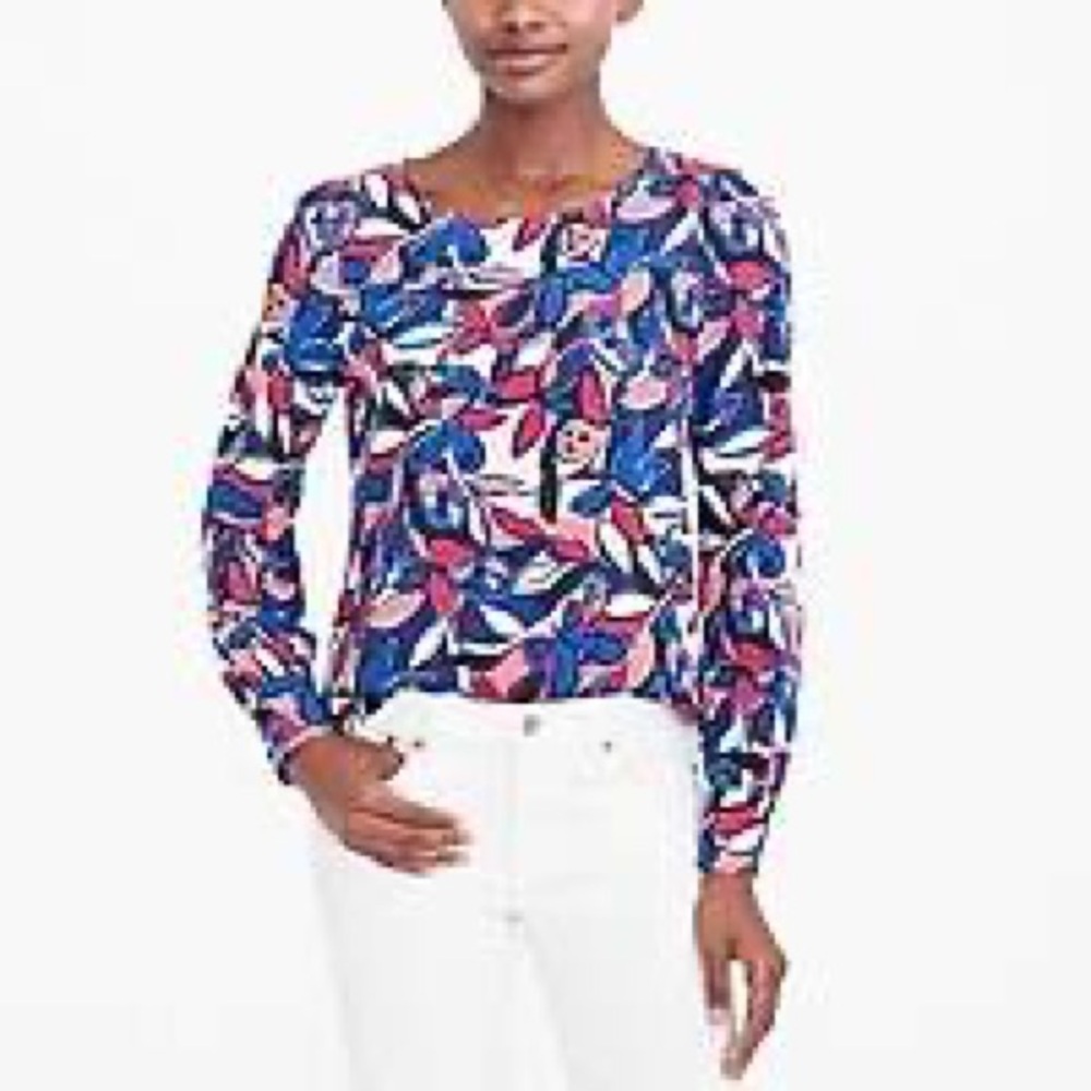 J. Crew Boatneck Abstract Printed Blouse Keyhole Closure Long Sleeves, Size‎ M